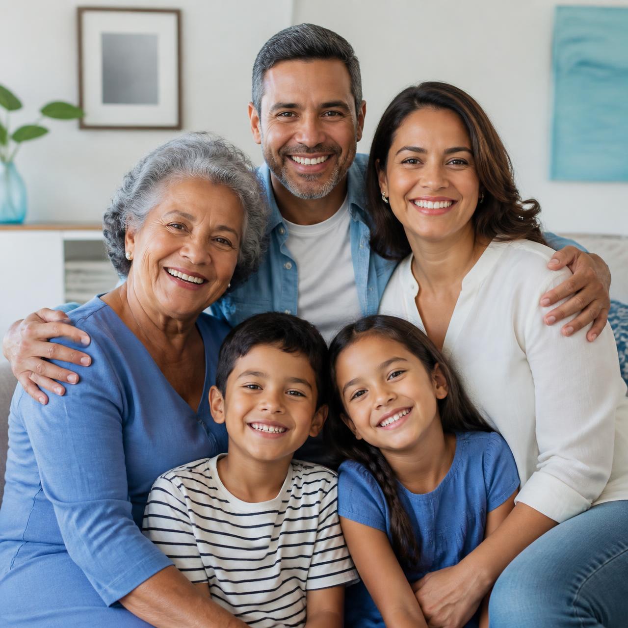 Família de três gerações reunida e sorrindo na sala de casa